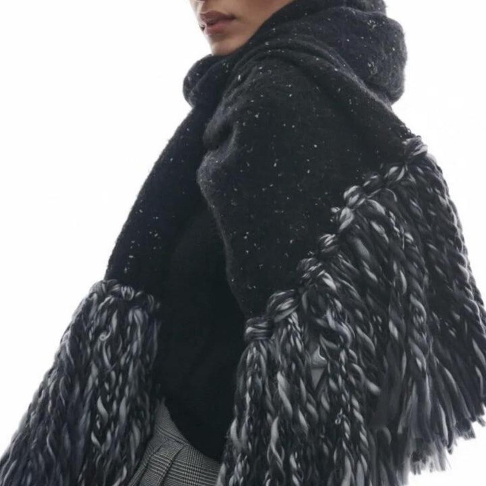 Anthropologie Black large fringe tassel thick scarf